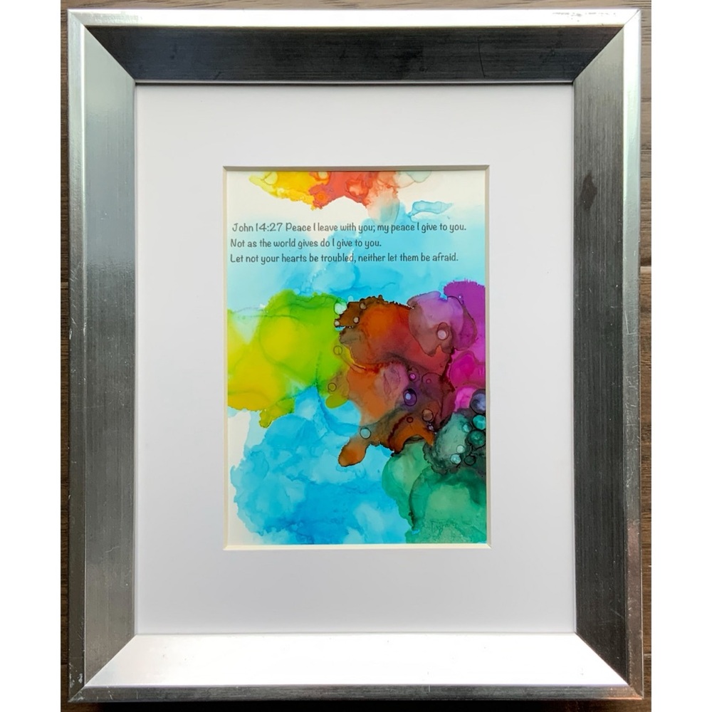 Scripture I John 14:27 I Original Alcohol Ink on Yupo Paper I Silver Frame